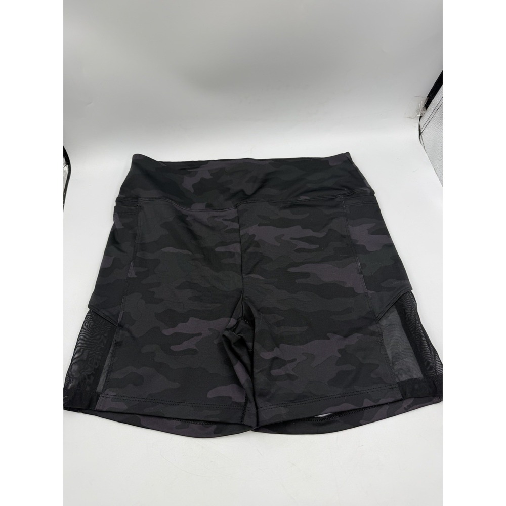 PINK Active Camo Biker Shorts Mesh Pockets High Rise Womens Large Purple Gray